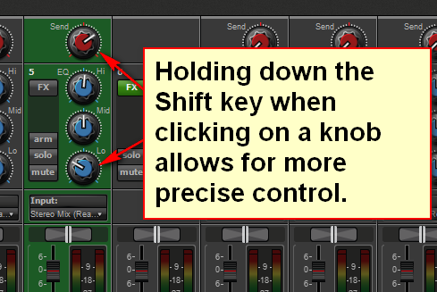 Hold down the shift key when using a knob in Mixcraft for precise control.