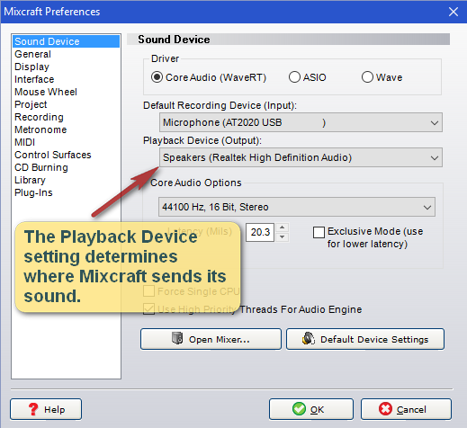 Mixcraft's Playback Device preference setting.